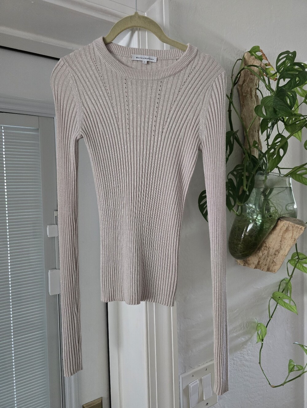 White & Warren Lurex Shine Ribbed Long-Sleeve Crewneck Metallic Sweater Top NWOT